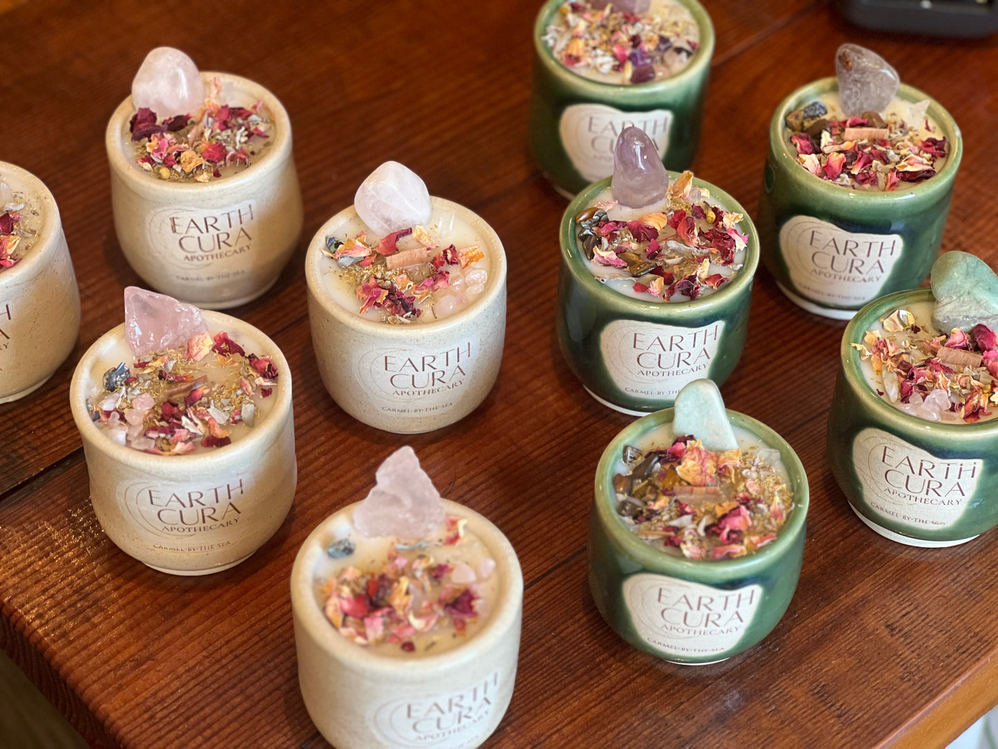 EARTH CURA APOTHECARY CARMEL-BY-THE-SEA - Ceramic Crystal Candle - eucalyptus essential oil - Limited artisan collection - handcrafted in small batches - reuseable ceramic keepsake vessel