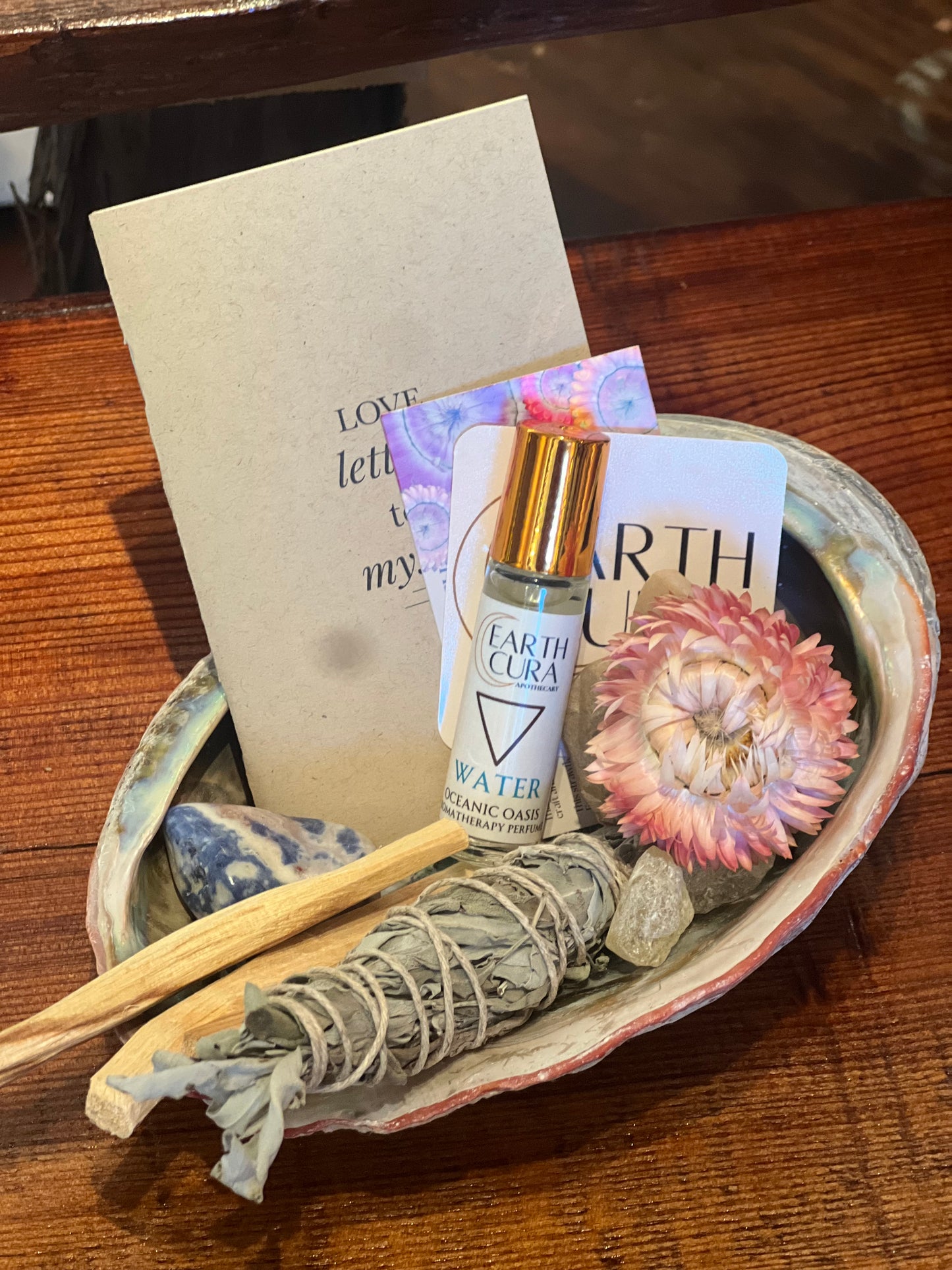 RITUAL ALTAR SHELL GIFT SET - Sage Bundle, Palo Santo, Copal, Aromatherapy, Crystal, Poem Book, Vintage Abalone Shell
