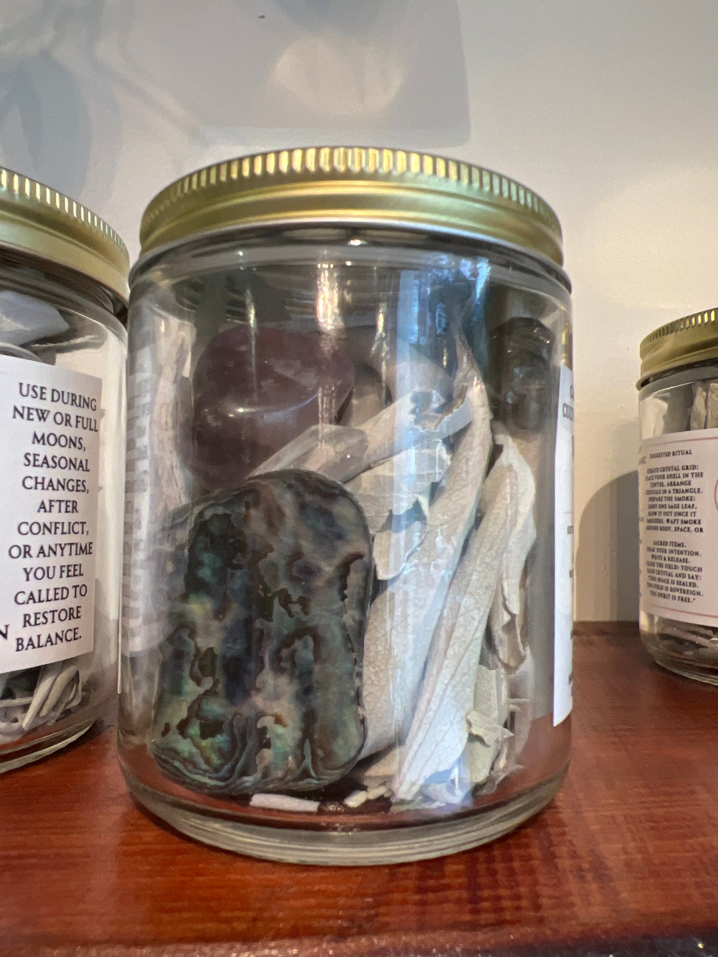 SACRED SMOKE & STONE RITUAL JAR - Cultivated White Sage Leaves, Crystals & Abalone - Crystal grid