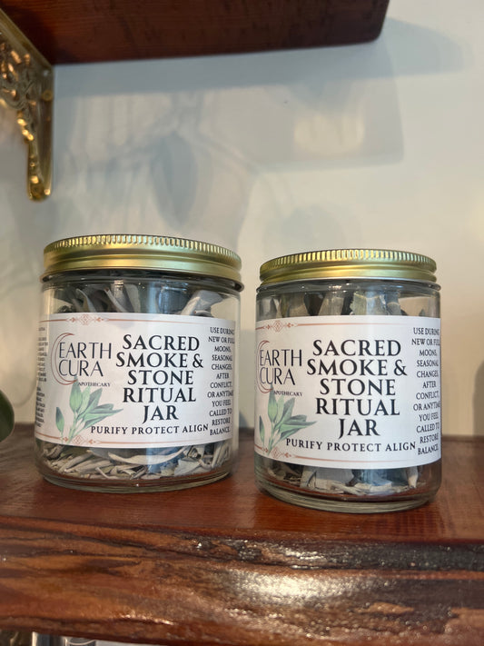 SACRED SMOKE & STONE RITUAL JAR - Cultivated White Sage Leaves, Crystals & Abalone - Crystal grid