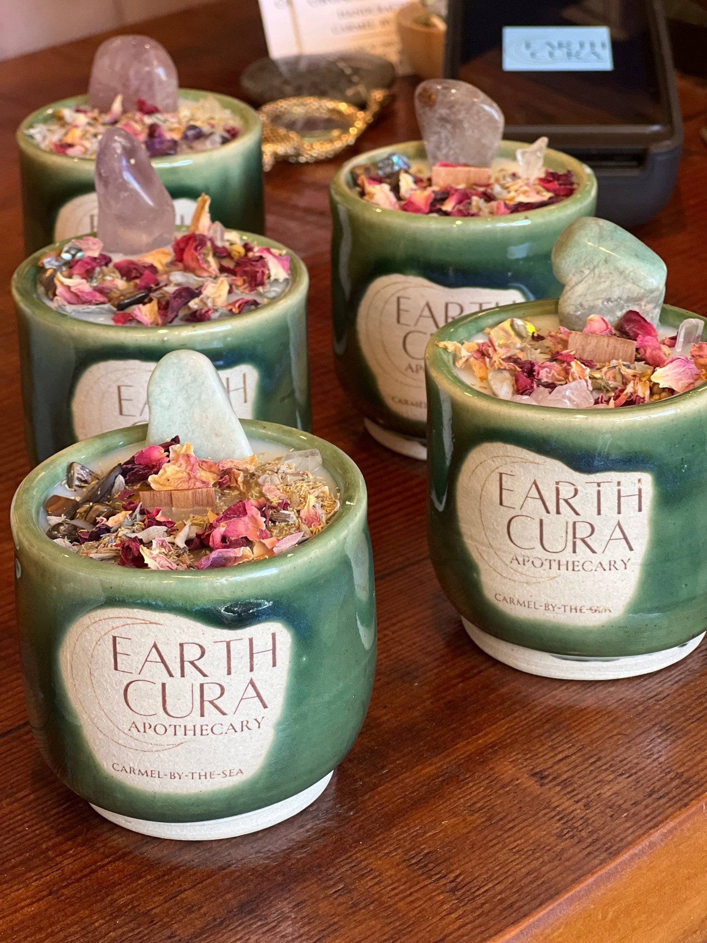 EARTH CURA APOTHECARY CARMEL-BY-THE-SEA - Ceramic Crystal Candle - eucalyptus essential oil - Limited artisan collection - handcrafted in small batches - reuseable ceramic keepsake vessel
