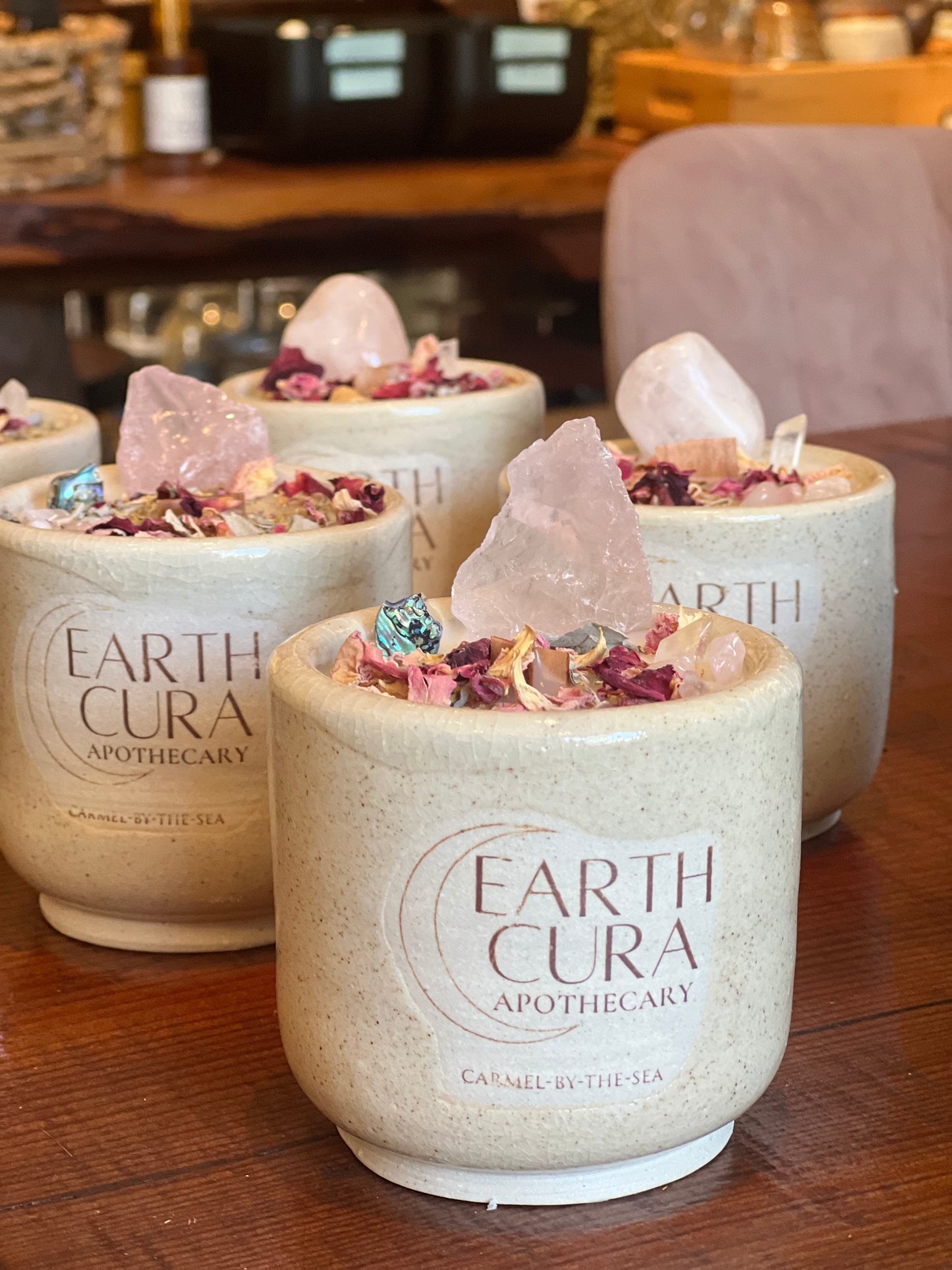EARTH CURA APOTHECARY CARMEL-BY-THE-SEA - Ceramic Crystal Candle - eucalyptus essential oil - Limited artisan collection - handcrafted in small batches - reuseable ceramic keepsake vessel