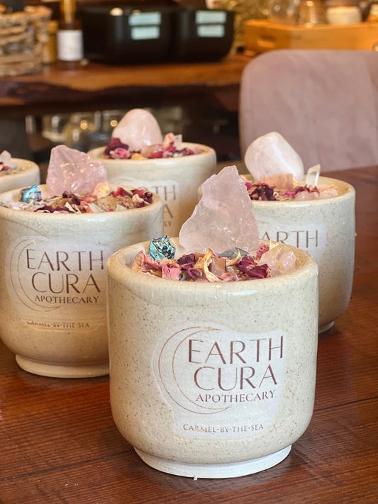 EARTH CURA APOTHECARY CARMEL-BY-THE-SEA - Ceramic Crystal Candle - eucalyptus essential oil - Limited artisan collection - handcrafted in small batches - reuseable ceramic keepsake vessel